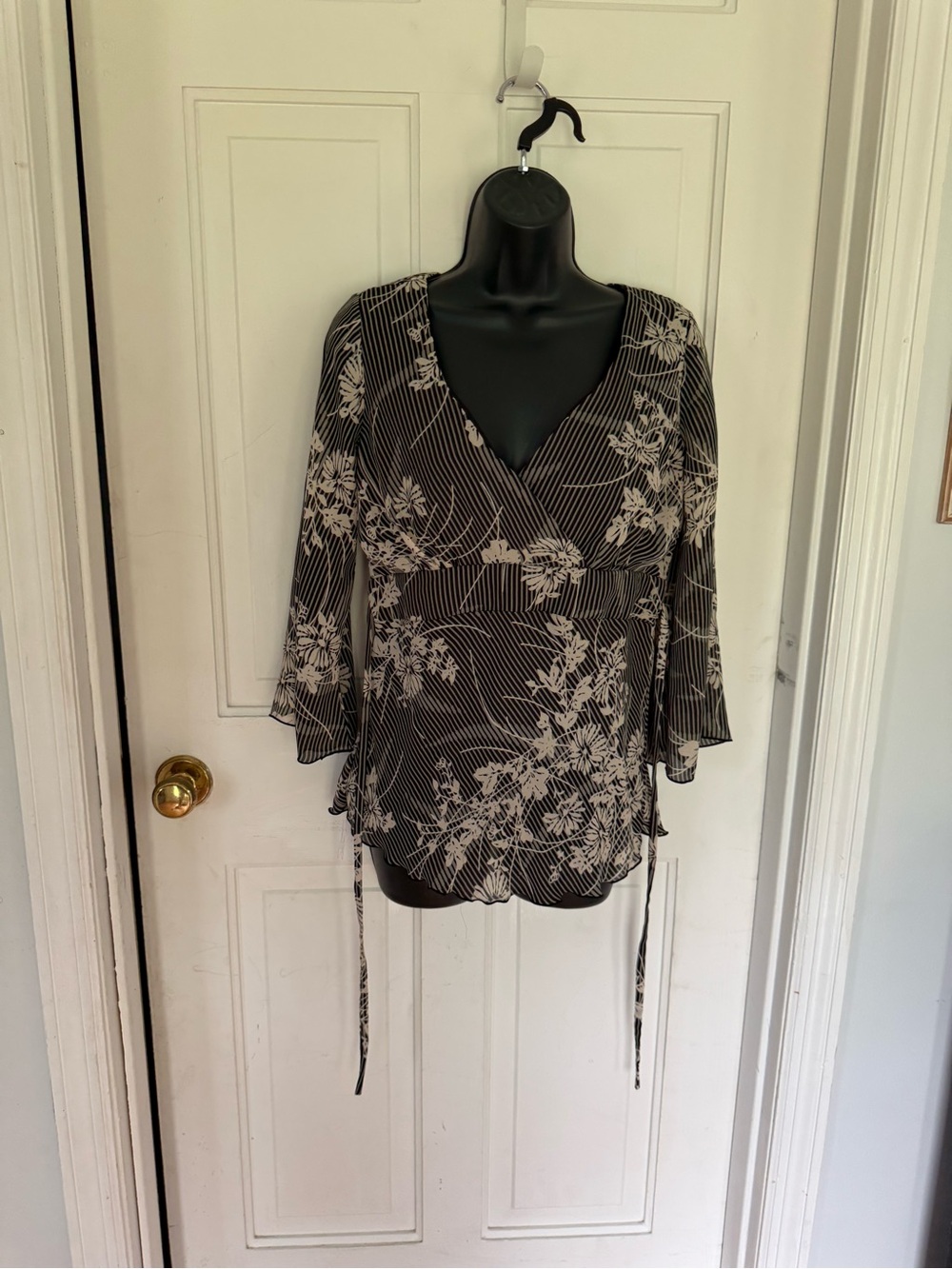 Floral Stripe Wrap Blouse in Black & Cream